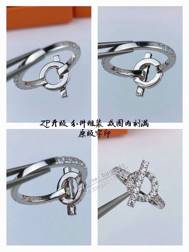 Hermes首飾品 愛馬仕新款OT扣滿鑽925純銀戒指 Hermes銀色女款戒指  zgh1534
